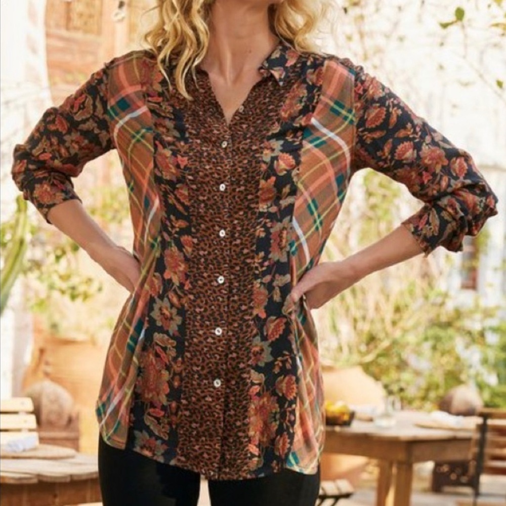 Soft Surroundings Icon Print Mix Pattern Leopard Flannel Button Down Shirt: Med